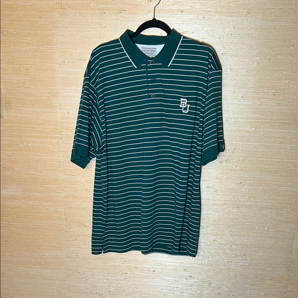 Baylor Bears University Cutter & Buck Green and White Striped Polo Shirt